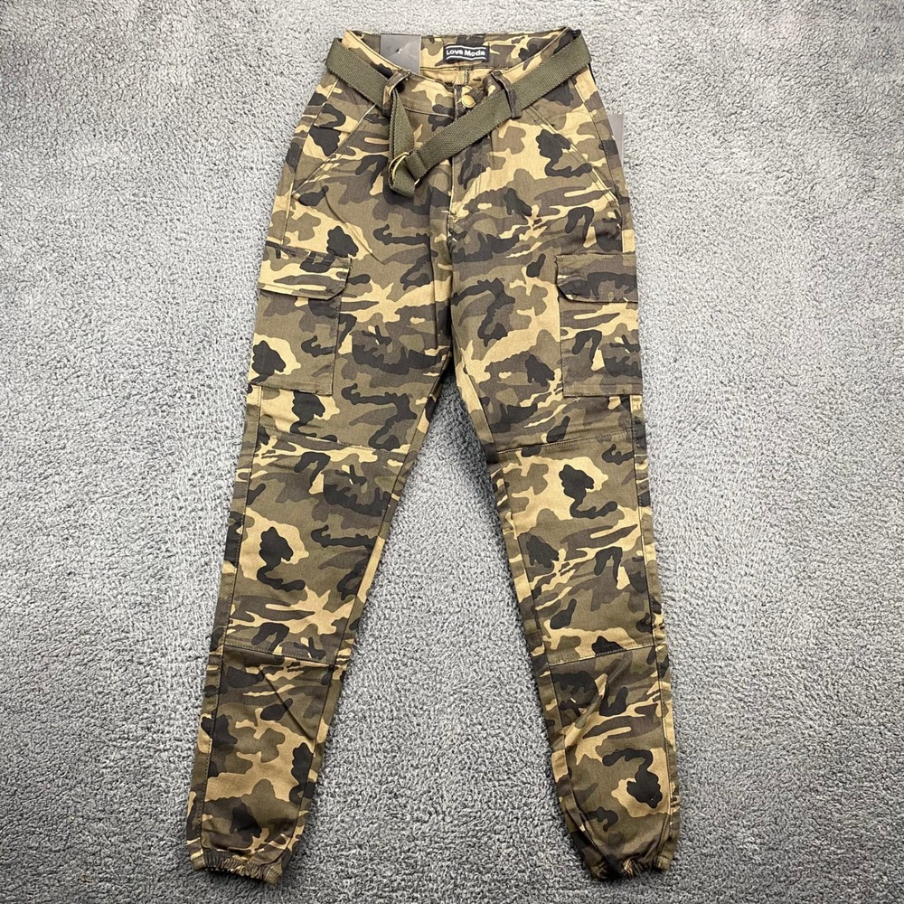 Love Moda Olive‎ Camo Twill Jogger Pants Women's Size S Belted Cargo
